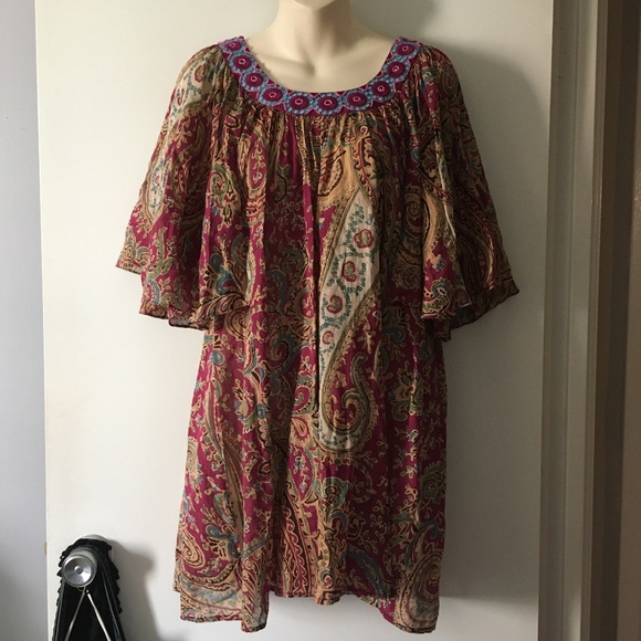 Vintage 1970's Indian Cotton Flutter Wide Sleeve Mini Dress M / L - Picture 1 of 3